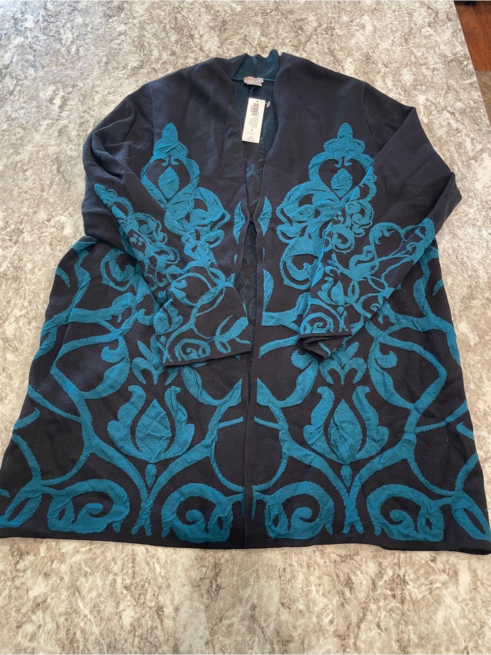 Chico’s Jacquard Cardigan Sweater Tapestry Teal & Black NWT Size 2